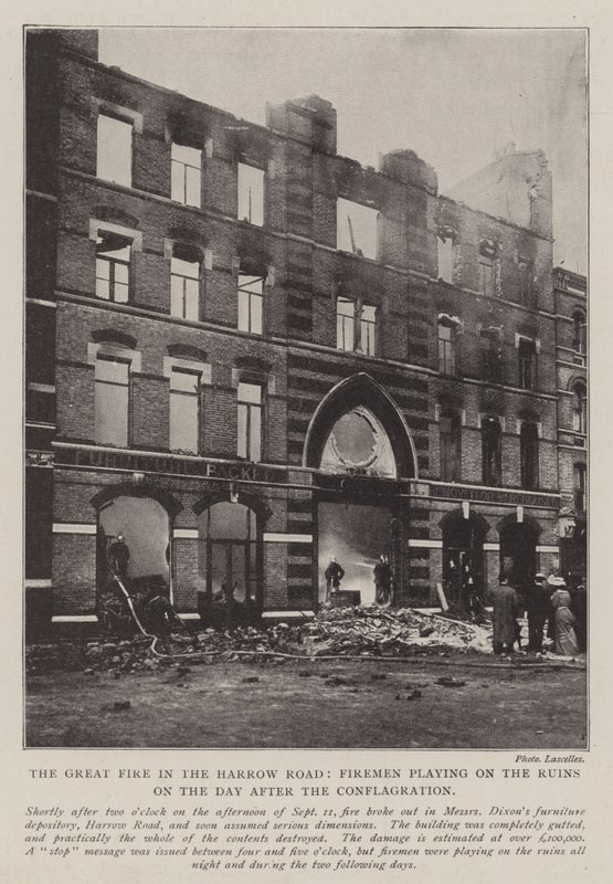 The Great Fire in the Harrow Road, Firemen playing on the Ruins on the Day after the Conflagration by English Photographer