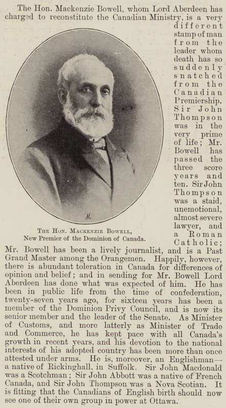 The Honourable Mackenzie Bowell, New Premier of the Dominion of Canada by English Photographer
