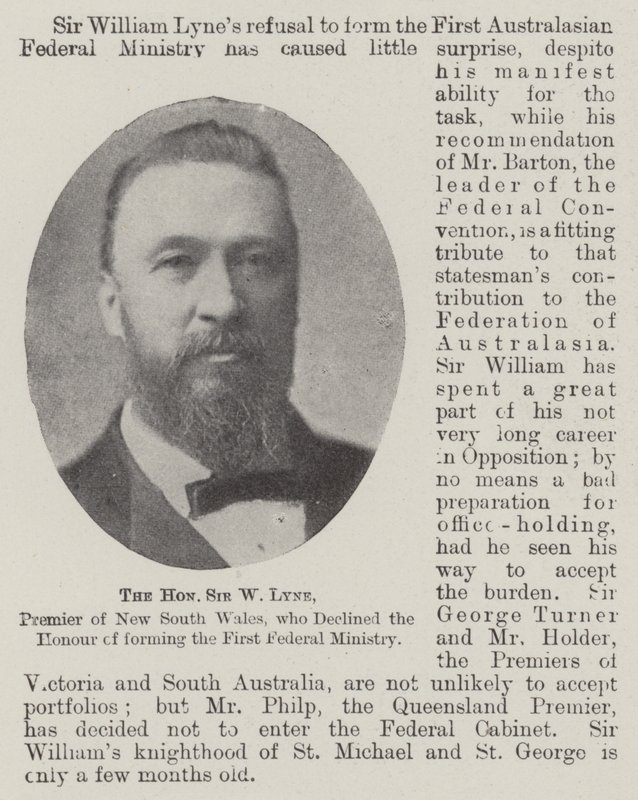 The Honourable Sir W Lyne, Premier of New South Wales, Who Declined the Honour of Forming the First Federal Ministry by English Photographer