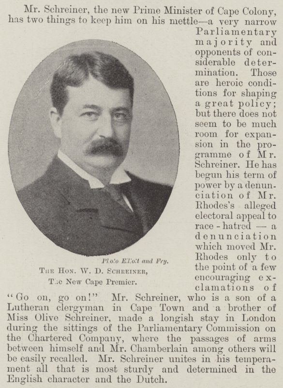 The Honourable W D Schreiner, the New Cape Premier by English Photographer