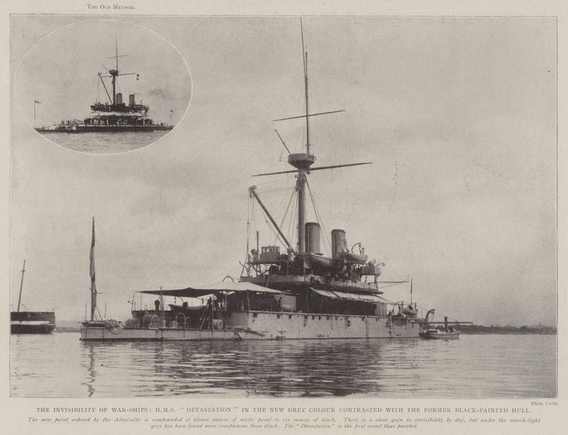 The Invisibility of War-Ships, HMS Devastation in the New Grey Colour contrasted with the Former Black-Painted Hull by English Photographer