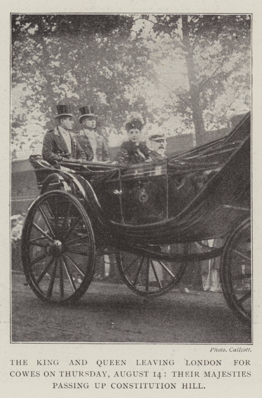 The King and Queen leaving London for Cowes on Thursday, 14 August, Their Majesties passing up Constitution Hill by English Photographer