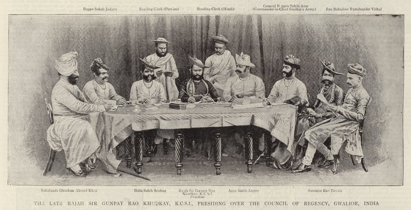 The Late Rajah Sir Gunpat Rao Khudkay, KCSI, Presiding over the Council of Regency, Gwalior, India by English Photographer