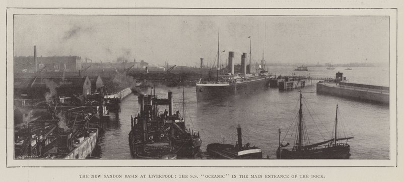 The New Sandon Basin at Liverpool, the SS Oceanic in the Main Entrance of the Dock by English Photographer