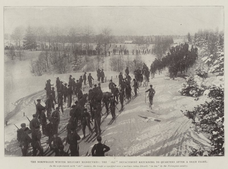 The Norwegian Winter Military Manoeuvres, the Ski Detachment returning to Quarters after a Sham Fight by English Photographer