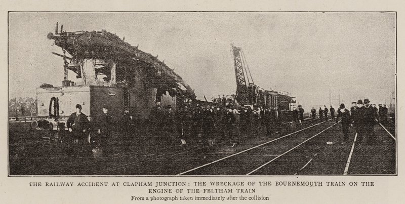 The Railway Accident at Clapham Junction, the Wreckage of the Bournemouth Train on the Engine of the Feltham Train by English Photographer