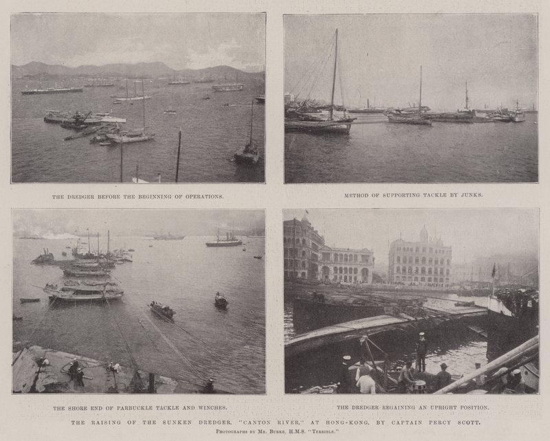 The Raising of the Sunken Dredger, Canton River, at Hong-Kong, by Captain Percy Scott by English Photographer