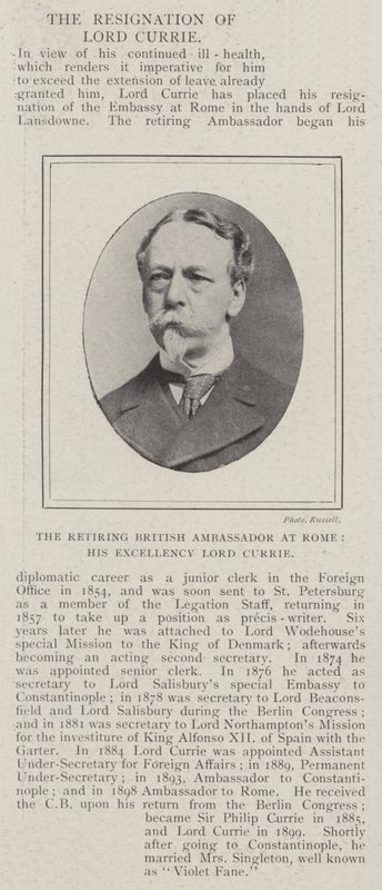 The Retiring British Ambassador at Rome, His Excellency Lord Currie by English Photographer