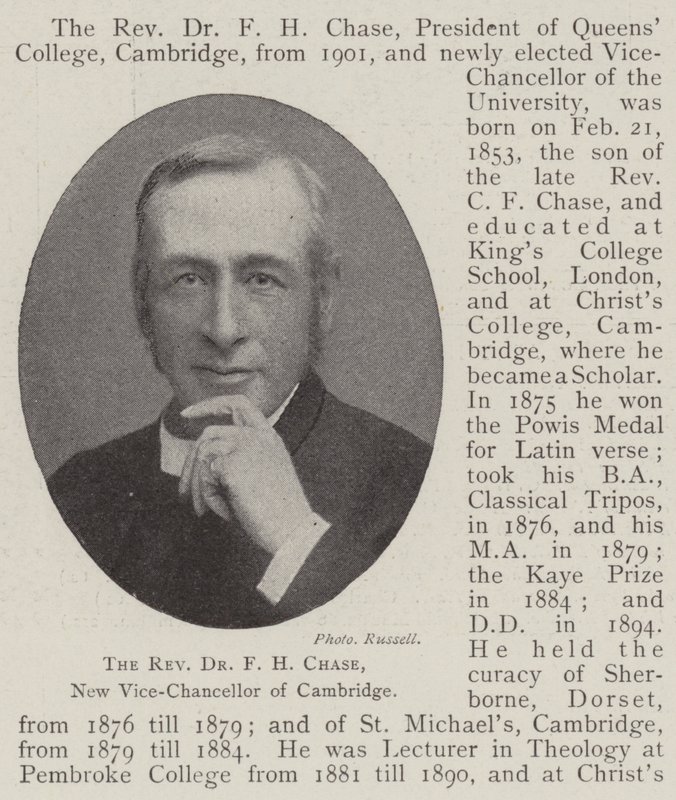 The Reverend Dr F H Chase, New Vice-Chancellor of Cambridge by English Photographer