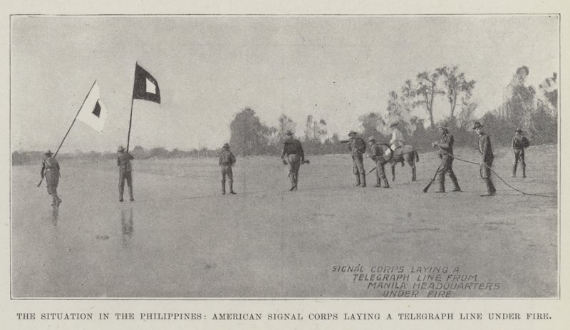 The Situation in the Philippines, American Signal Corps Laying a Telegraph Line Under Fire by English Photographer