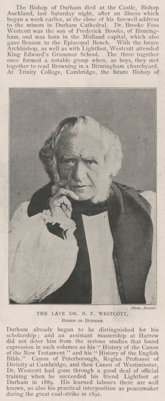 The late Dr B F Westcott, Bishop of Durham by English Photographer