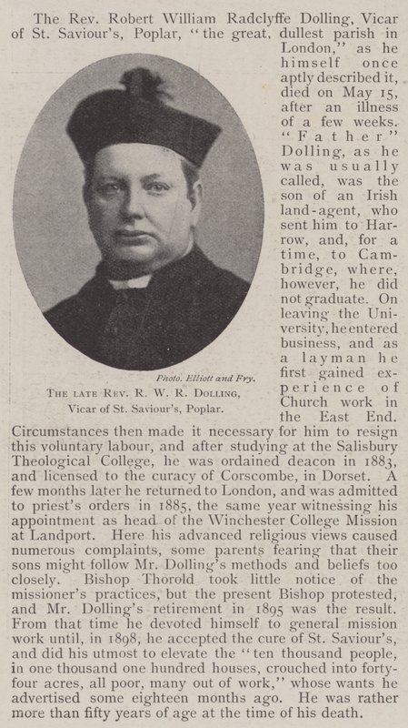 The late Reverend R W R Dolling, Vicar of St Saviours, Poplar by English Photographer