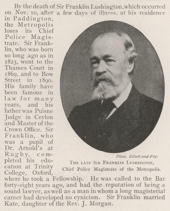 The late Sir Franklin Lushington, Chief Police Magistrate of the Metropolis by English Photographer