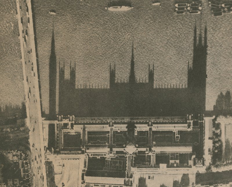 The shadow of Westminster; photograph taken from above looking down on the Houses of Parliament by English Photographer