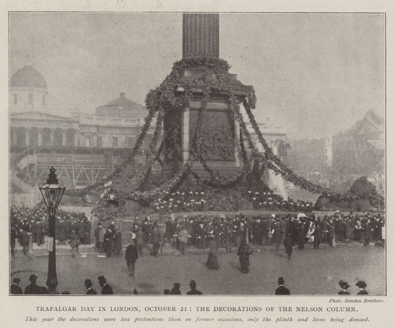 Trafalgar Day in London, 21 October, the Decorations of the Nelson Column by English Photographer