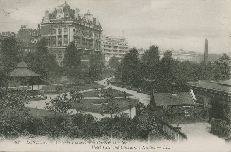 Victoria Embankment Gardens, showing Hotel Cecil and Cleopatra