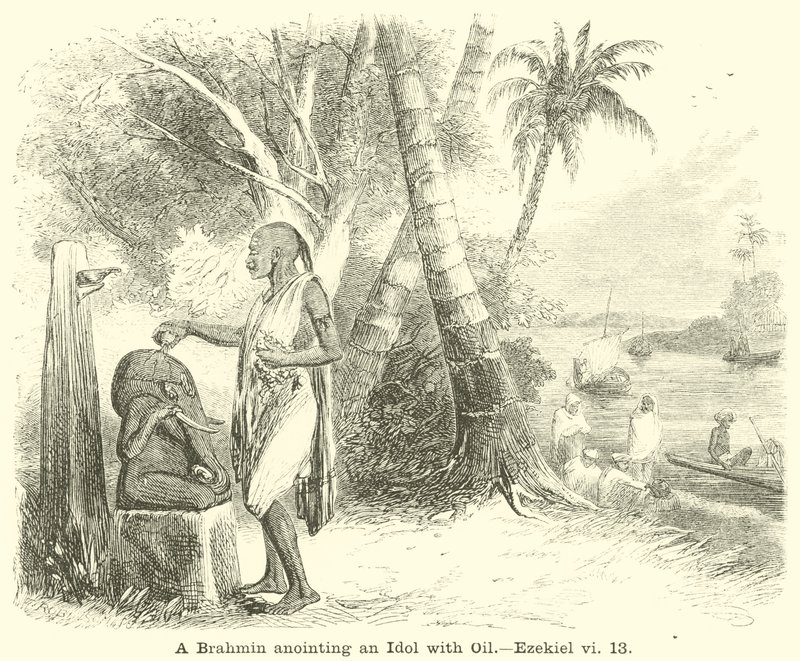 A Brahmin anointing an Idol with Oil by English School