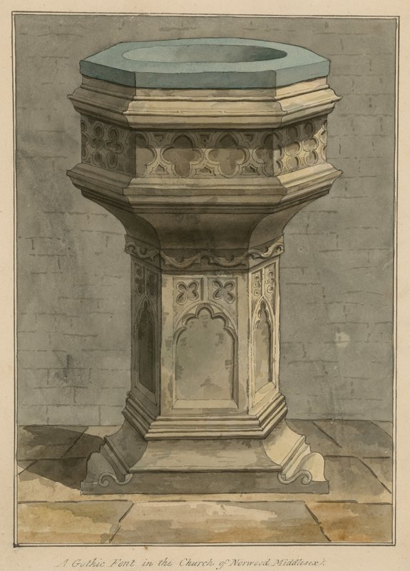 A Gothic font in the Church of Norwood, London, Middlesex by English School