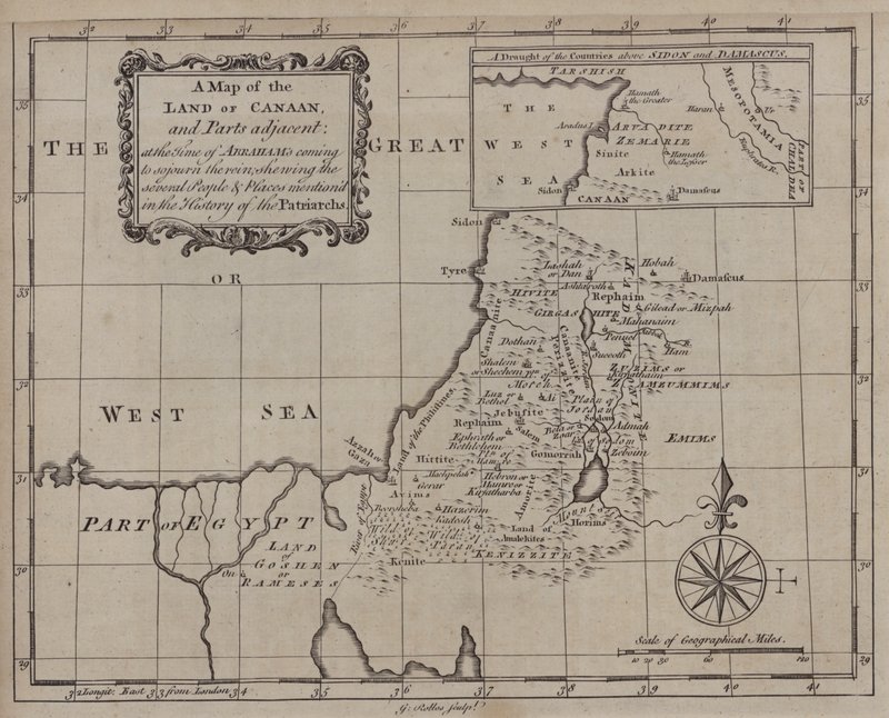 Karte des Landes Kanaan und angrenzender Teile zur Zeit von Abrahams Aufenthalt, mit den verschiedenen Völkern und Orten, die in der Geschichte der Patriarchen erwähnt werden von English School