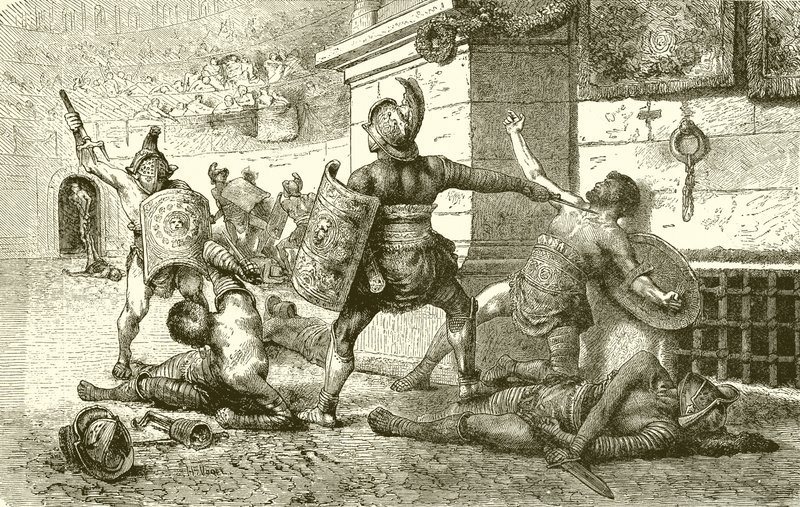 A Roman Holiday. Combat of Gladiators. The Vanquished appealing to the Spectators by English School