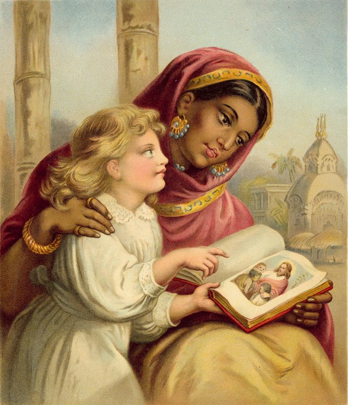 A Scripture Lesson - Indian Girl Teaching an English Child by English School
