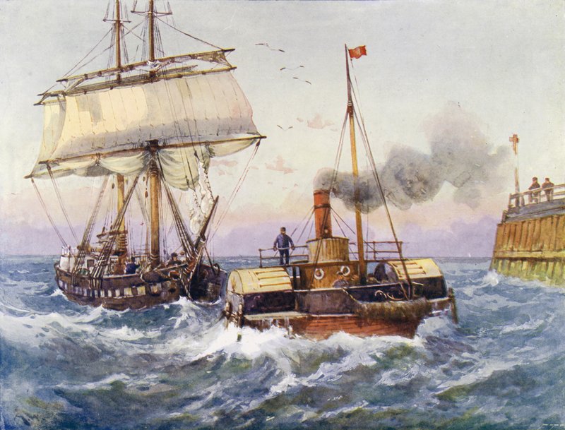 A brig being towed into port by English School