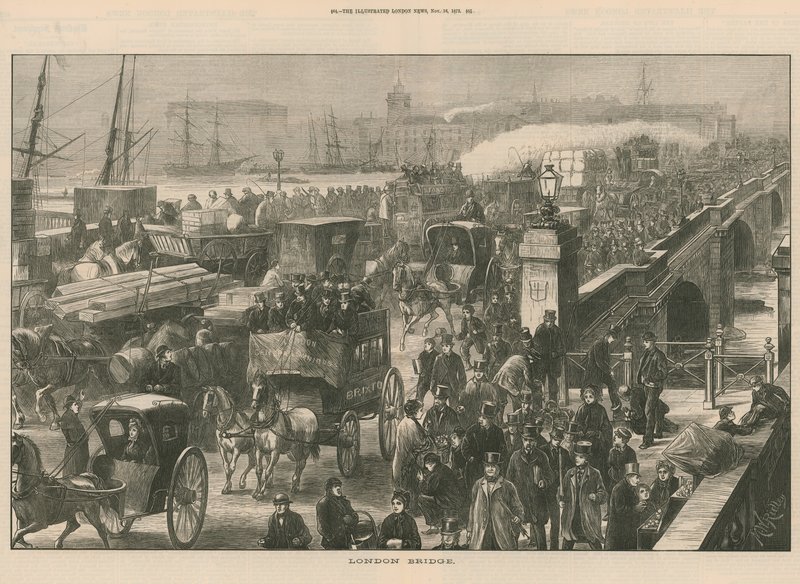 A Busy Street Scene on London Bridge by English School