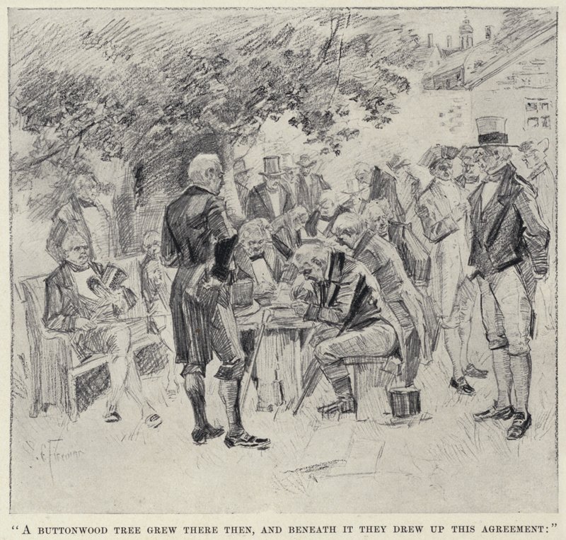 A buttonwood tree grew there then, and beneath it they drew up this agreement by English School