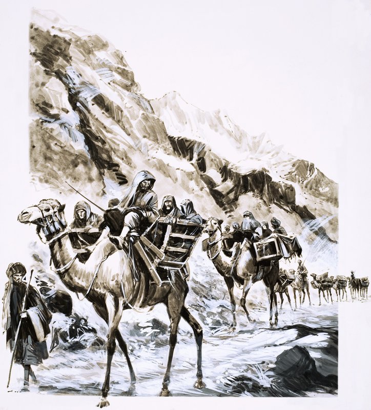 A camel train travels through the Khyber Pass by English School