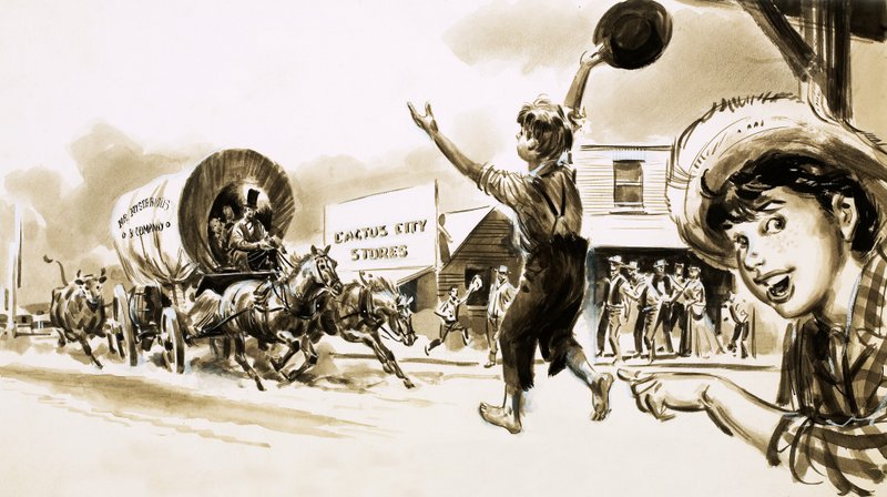 A canvas-topped wagon pulls into a town in the wild west by English School