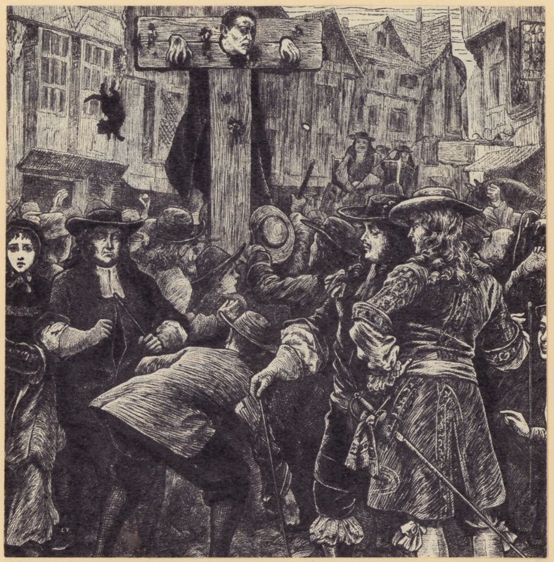A Crowd Gathered Before a Man Who Stands in the Stocks by English School