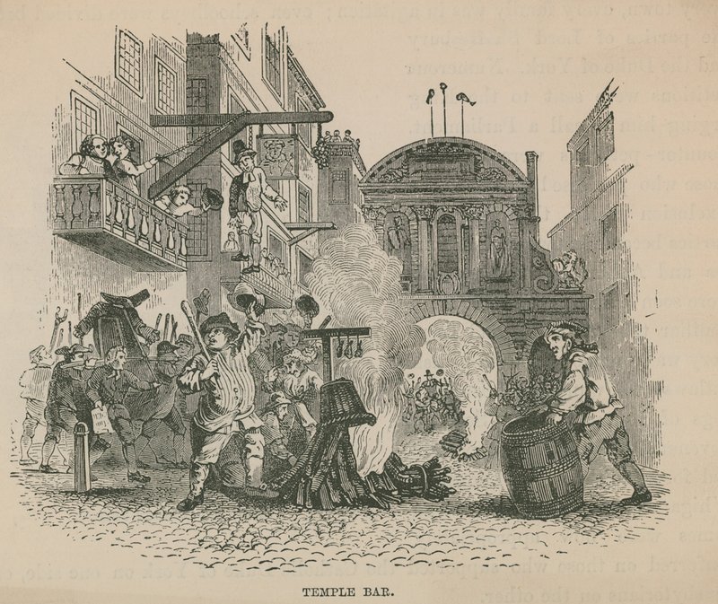 A Crowd Stoking a Bonfire in Front of Temple Bar by English School