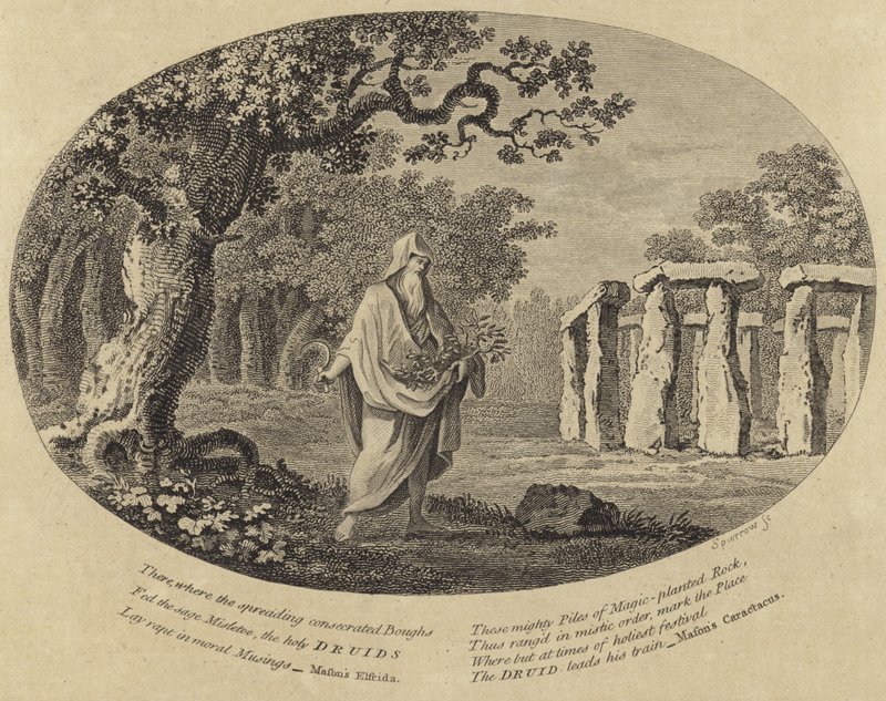 A druid taking cuttings with a scythe beside an ancient monument by English School