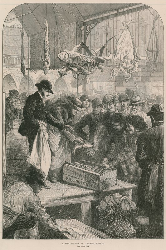 A Fish Auction in Columbia Market, London by English School