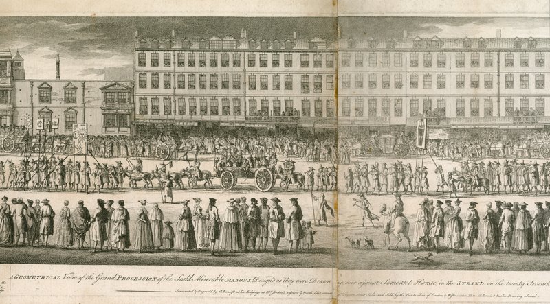 A geometrical view of the grand procession of the Scald Miserable Masons, Somerset House, London by English School