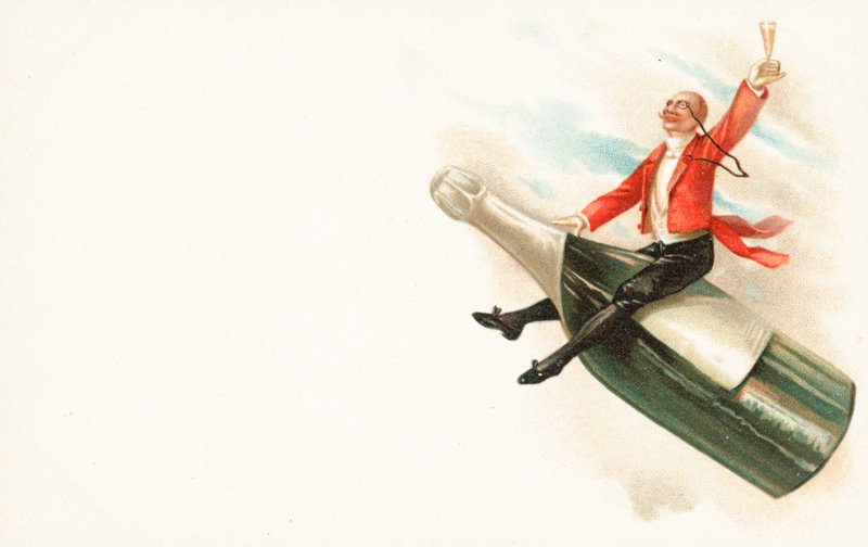 A man riding on the neck of a champagne bottle by English School