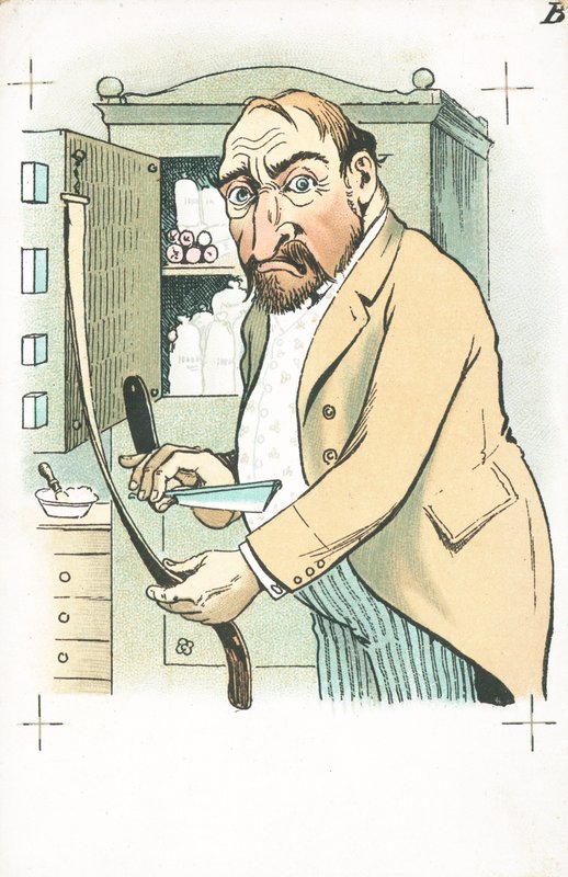A Man Sharpening His Straight Razor on a Leather Strop by English School