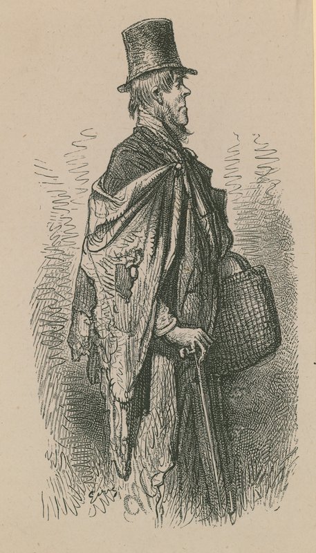 A Man Wearing a Top Hat and a Shawl While Carrying a Basket by English School