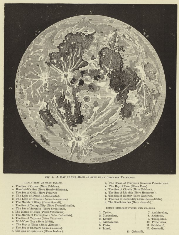 A map of the moon as seen in an ordinary telescope by English School