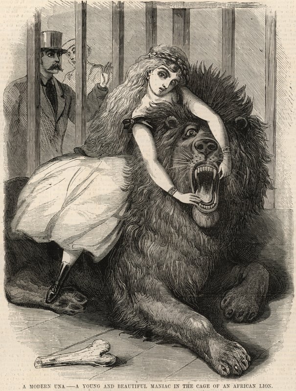 A modern Una; A young and beautiful maniac in the cage of an African lion by English School