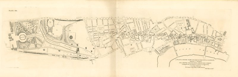 A Plan of Hyde Park and Part of the City of London, Showing a Position for a Royal Palace by English School