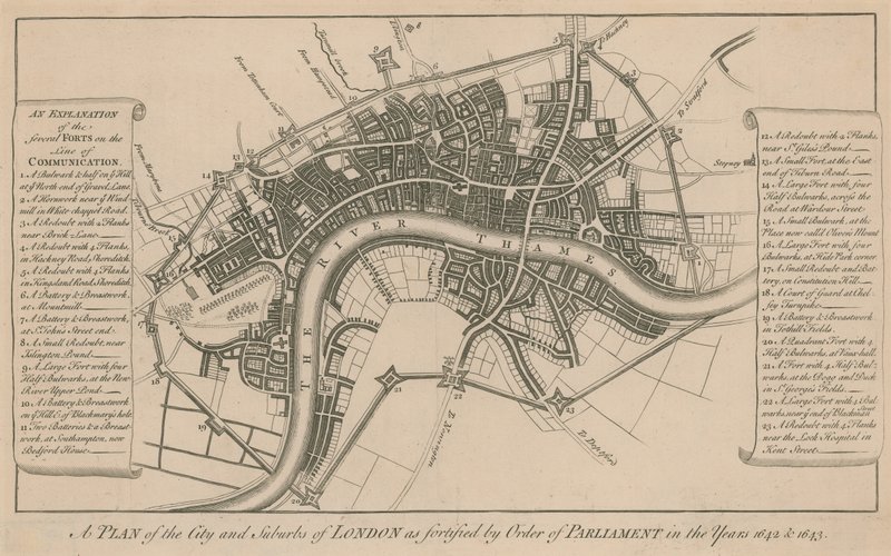 A plan of the city and suburbs of London as fortified by order of Parliament in the years 1642 and 1643 by English School