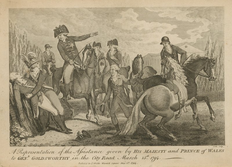 A representation of the assistance given by His Majesty and Prince of Wales to General Goldsworthy in the City Road by English School