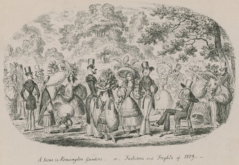 A scene in Kensington Gardens or Fashions and Frights of 1829 by English School