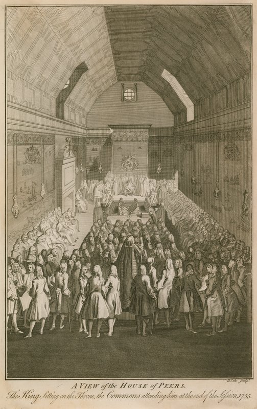 A view of the House of Peers, the King sitting on the throne by English School