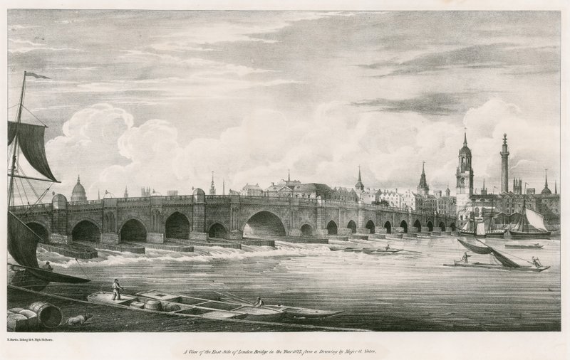 A view of the east side of London Bridge in the year 1827 by English School
