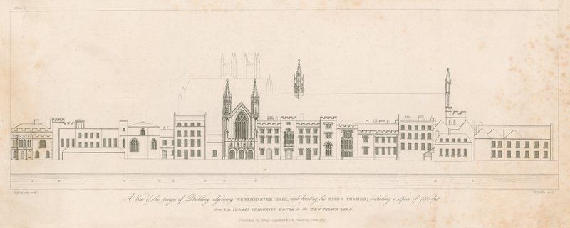 A view of the range of buildings adjoining Westminster Hall and fronting the River Thames by English School