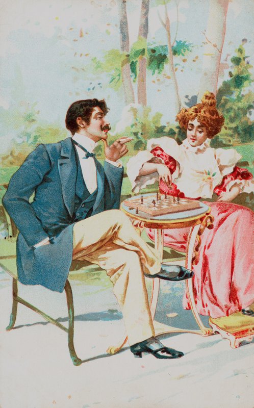 A well-dressed couple playing chess in a garden by English School