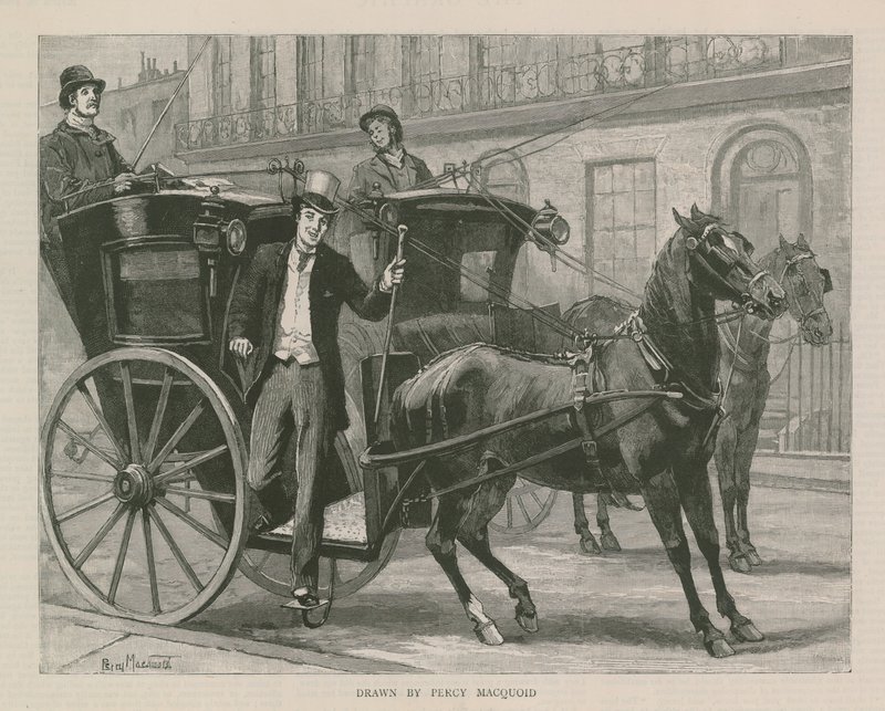 A well-dressed man alighting from a horse-drawn carriage by English School