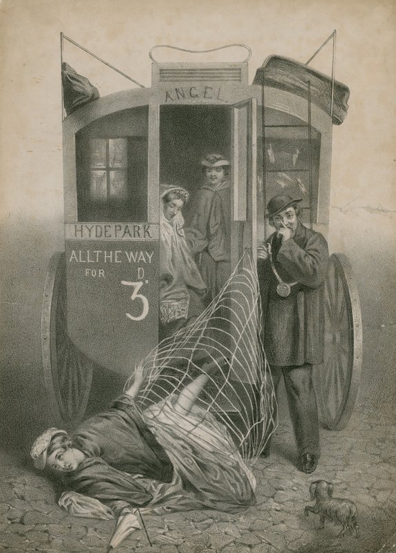 A Woman Catches Her Skirt on a Handle and Falls from a Carriage by English School